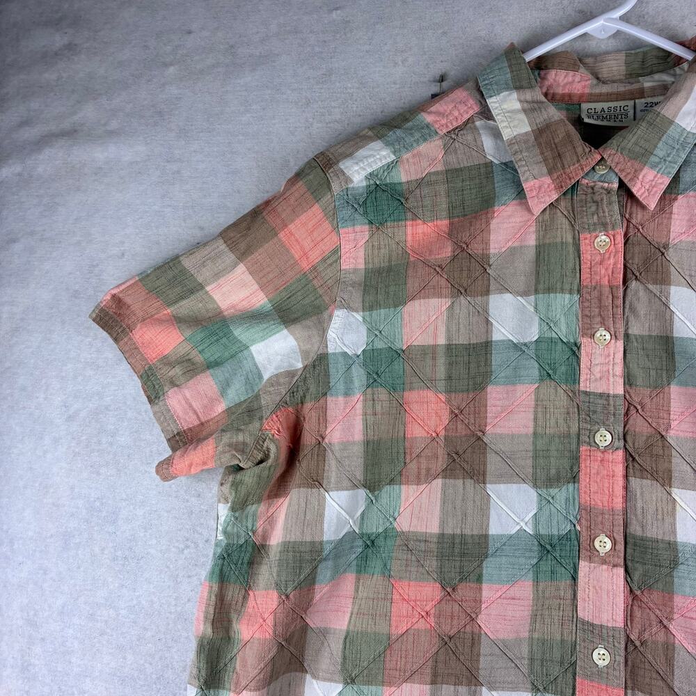 Classic Elements Short Sleeve Button Up Blouse Women's 22W Quilted Lattice Plaid - Picture 6 of 10